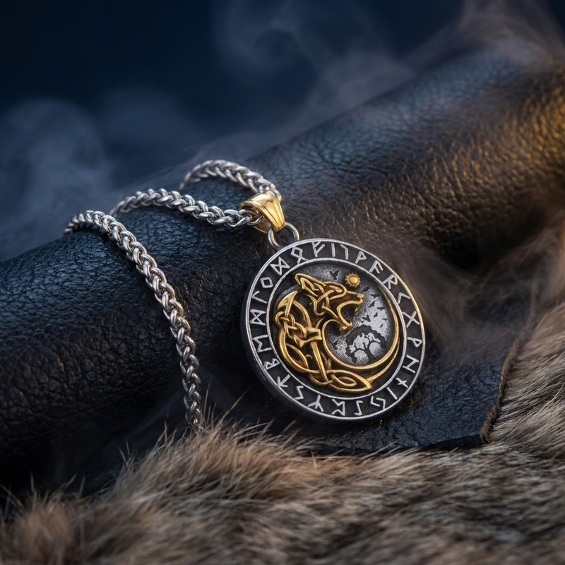 Collier Fenrir avec Médaille Runes en contexte nordique angle vue alternative