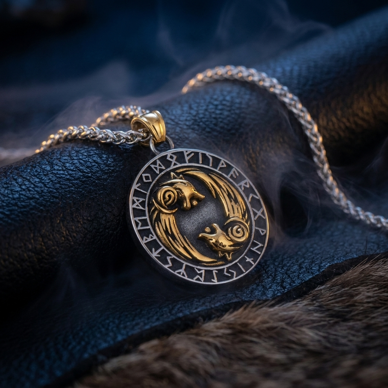 Pendentif Loups Sköll et Hati en contexte nordique angle vue alternative