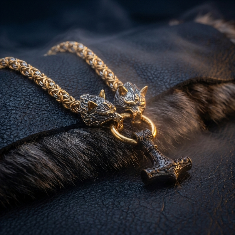 Collier Mjöllnir Doré - Chaîne Loups Tressée Main en contexte nordique angle vue alternative