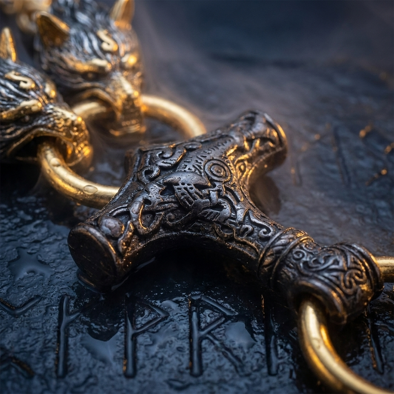 Collier Mjöllnir Doré - Chaîne Loups Tressée Main en contexte nordique angle macro