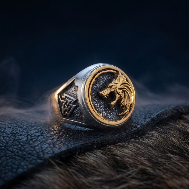 Chevalière Loup Viking - Bague Acier en contexte nordique angle vue alternative