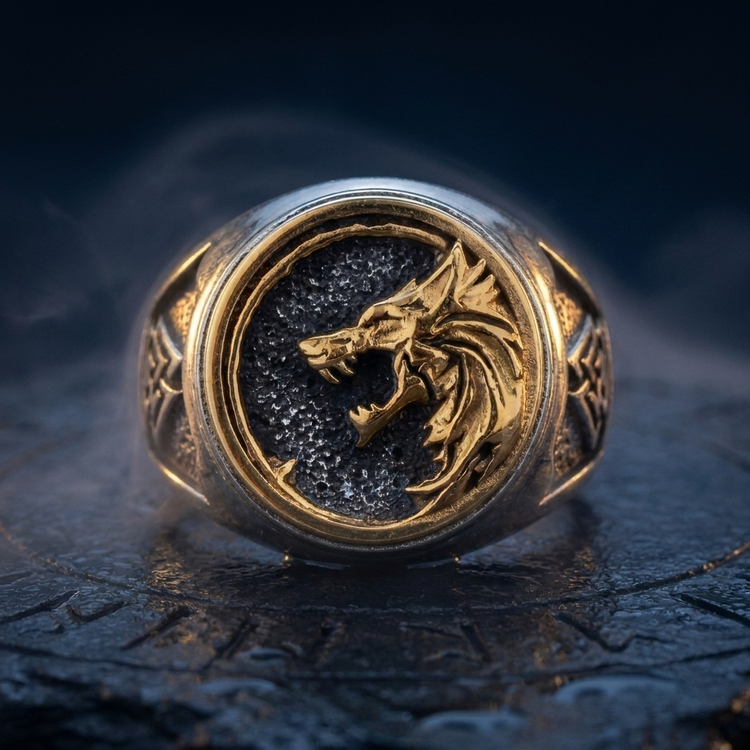 Chevalière Loup Viking - Bague Acier en contexte nordique angle macro