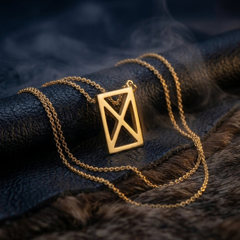 Collier Viking Pendentif Runes Doré en contexte nordique angle vue alternative