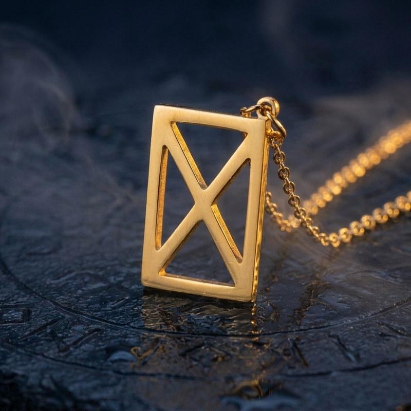 Collier Viking Pendentif Runes Doré en contexte nordique angle macro