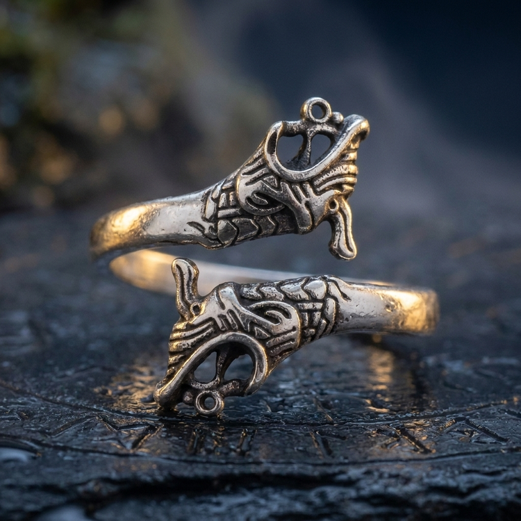 Anneau Viking Serpent de Midgard en contexte nordique angle macro