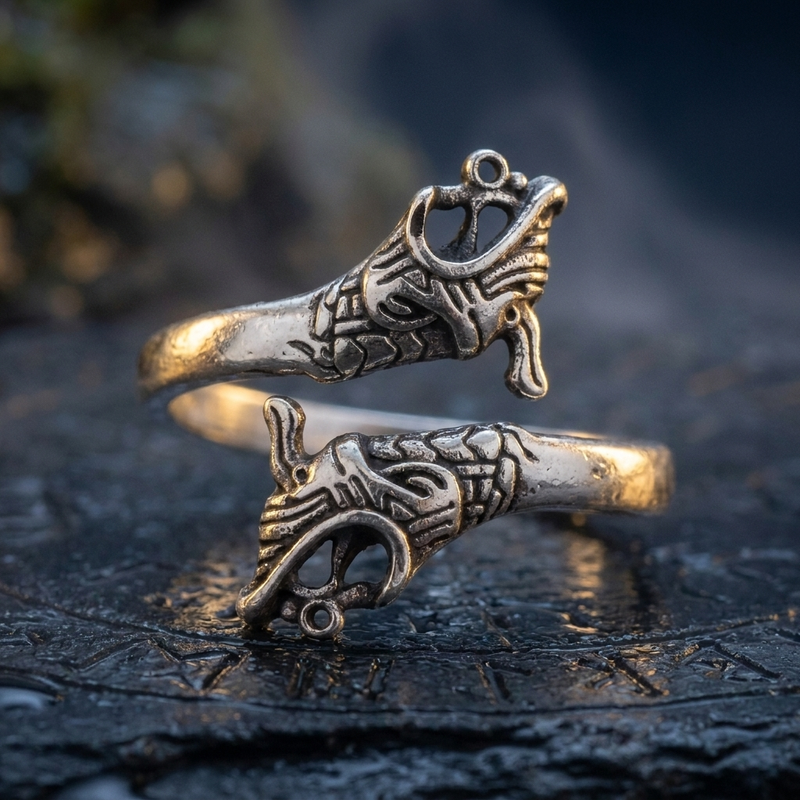 Anneau Viking Serpent de Midgard en contexte nordique angle macro