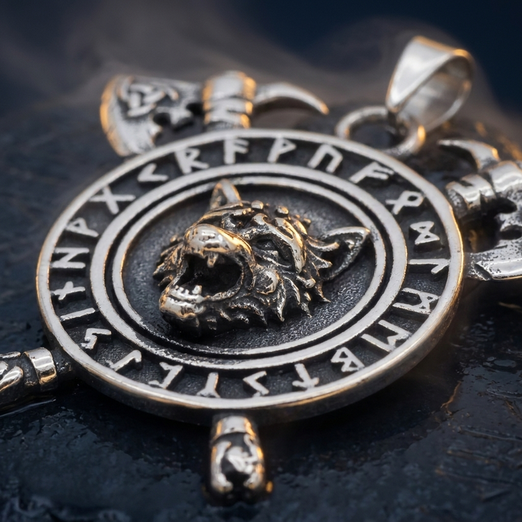 Amulette Viking Loup Fenrir en contexte nordique angle macro