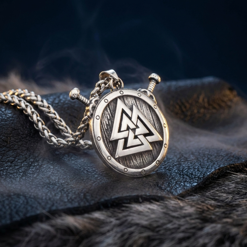 Amulette Viking Bouclier Valknut en contexte nordique angle vue alternative