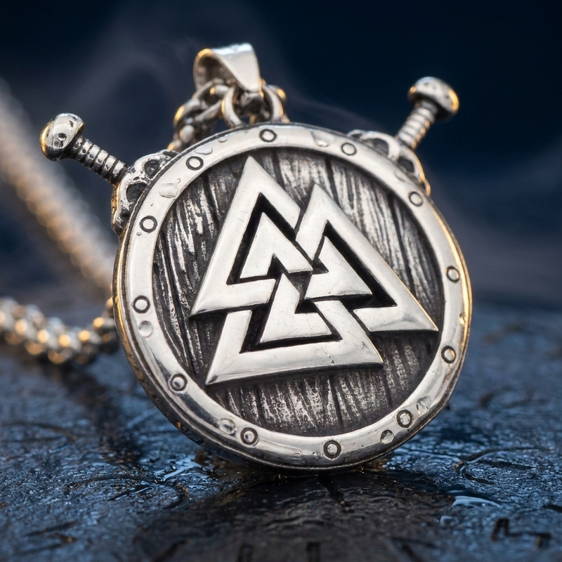 Amulette Viking Bouclier Valknut en contexte nordique angle macro