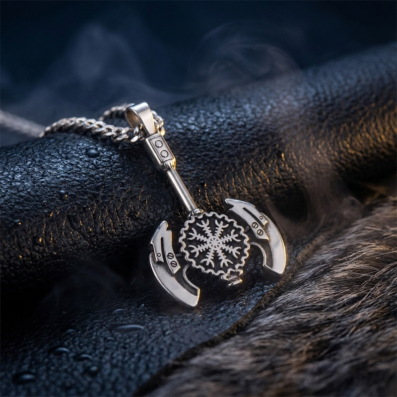 Collier Viking Hâche Vegvisir en contexte nordique angle vue alternative