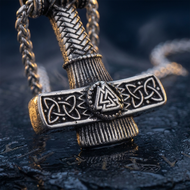Pendentif Marteau de Thor - Mjöllnir Gravé en contexte nordique angle macro