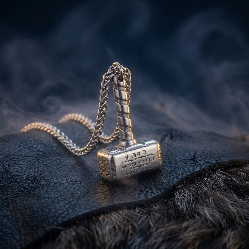 Pendentif Runes du Marteau de Thor en contexte nordique angle vue alternative