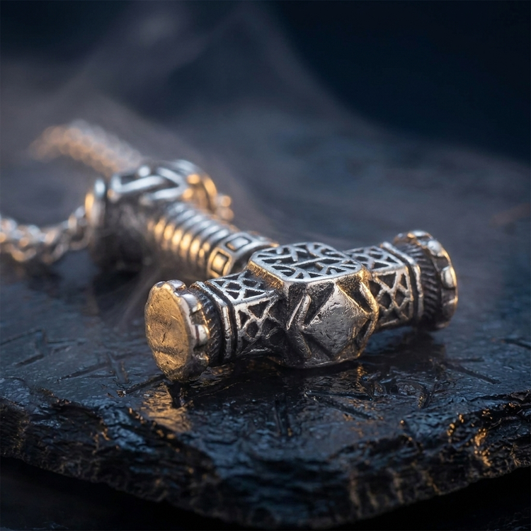 Pendentif Noeud du Marteau de Thor en contexte nordique angle macro