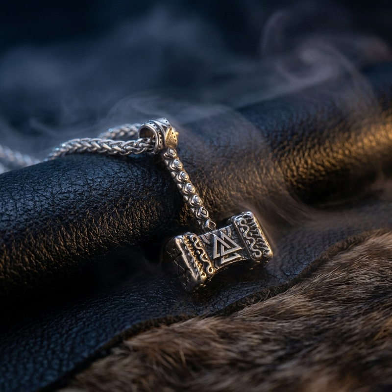Pendentif Vegvisir du Marteau de Thor en contexte nordique angle vue alternative