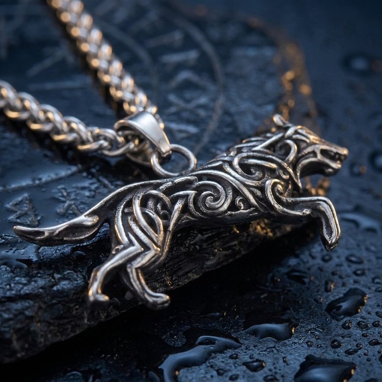 Collier Viking Loup Fenrir en contexte nordique angle macro