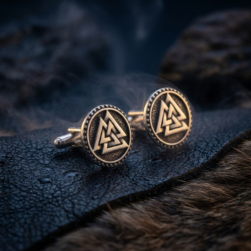 Bouton de Manchette Viking Valknut en contexte nordique angle vue alternative
