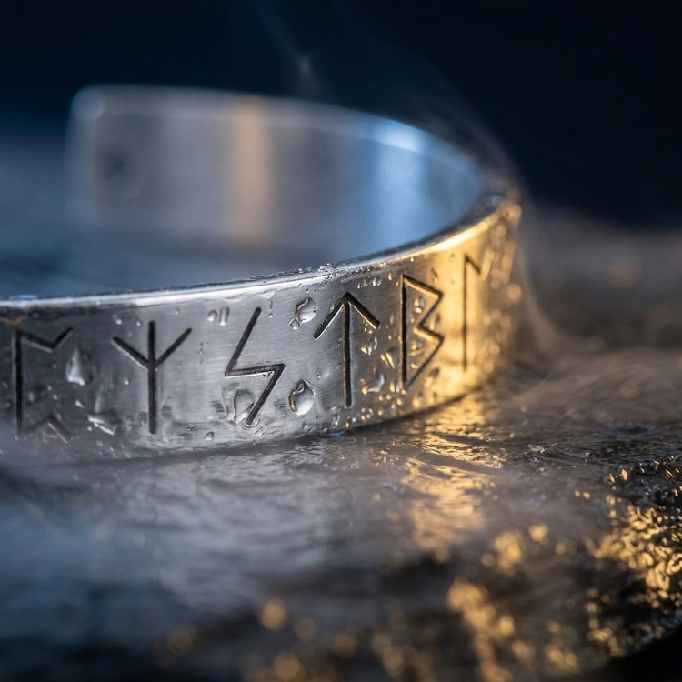 Bracelet Amulette Runes Viking en contexte nordique angle macro