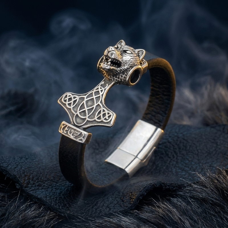 Bracelet Viking Loup Fenrir en contexte nordique angle vue alternative