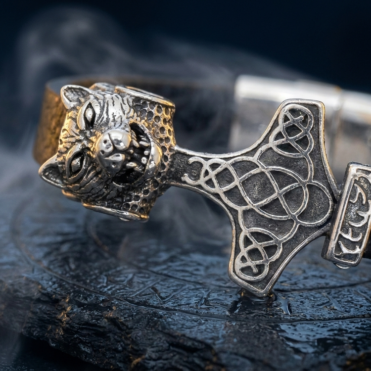 Bracelet Viking Loup Fenrir en contexte nordique angle macro