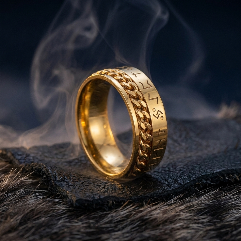 Anneau Viking Runes a Chaines en contexte nordique angle vue alternative