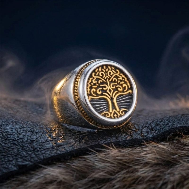 Chevalière Viking Arbre de Vie Yggdrasil en contexte nordique angle vue alternative