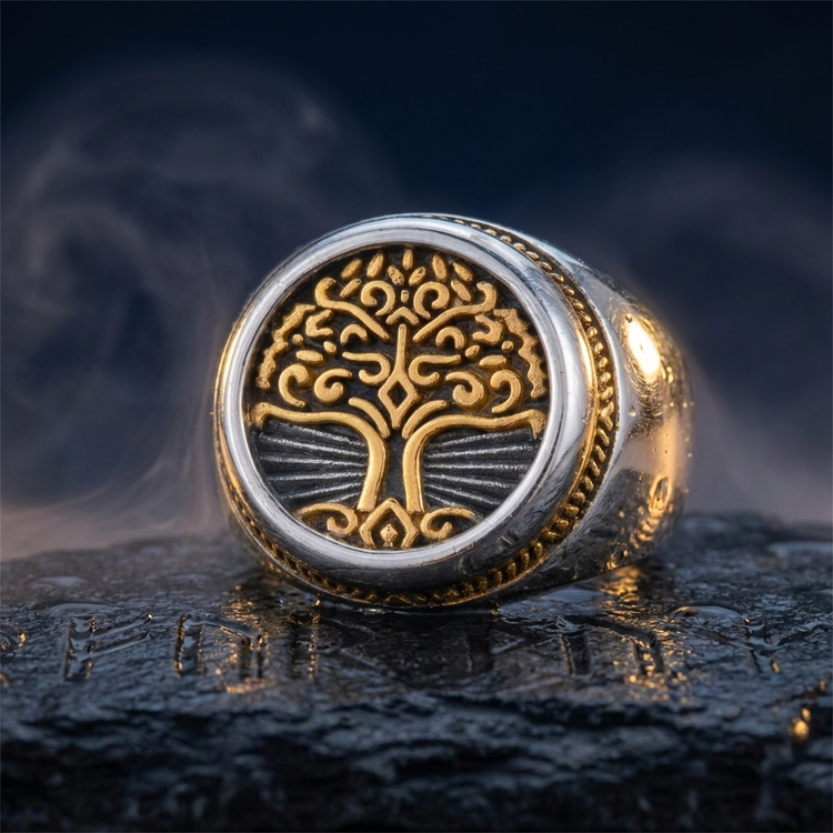 Chevalière Viking Arbre de Vie Yggdrasil en contexte nordique angle macro
