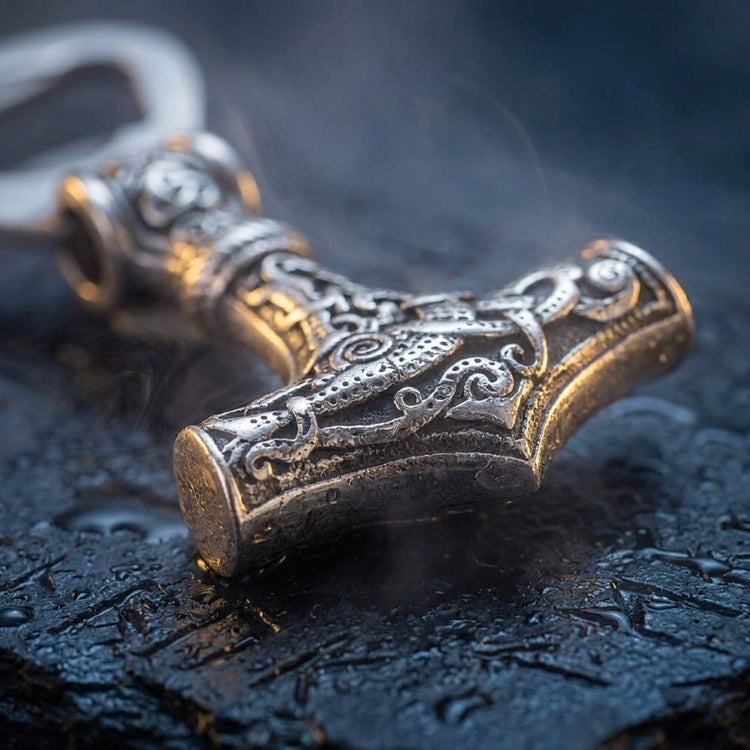 Décapsuleur Viking Marteau De Thormjollnir en contexte nordique angle macro