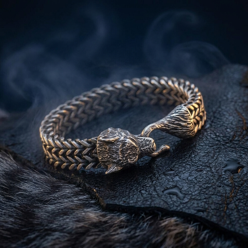 Bracelet Viking Tête du Loup d'Odin en contexte nordique angle vue alternative