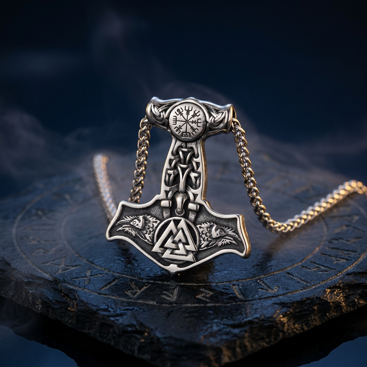 Chaine Corbeaux d'Odin et Valknut en contexte nordique