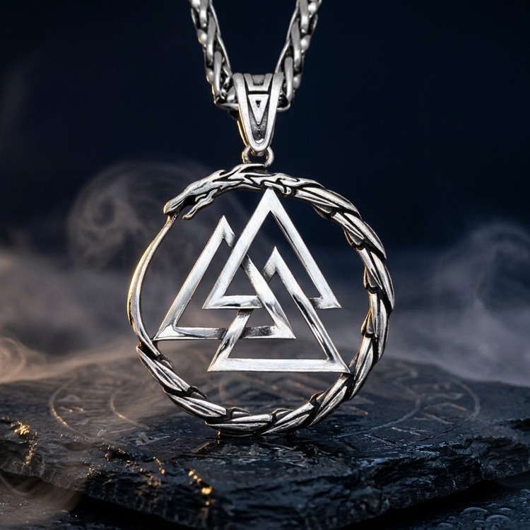 Chaine Pendentif Dragon Valknut en contexte nordique