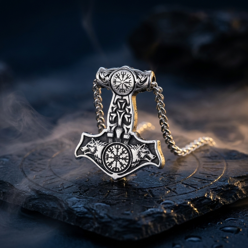 Chaîne Loup d'Odin Vegvisir Mjölnir en contexte nordique