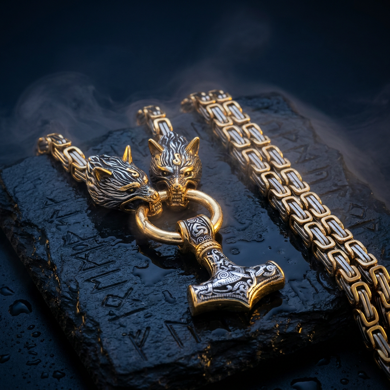 Chaîne Viking Loups & Pendentif Mjöllnir Doré/Argent en contexte nordique