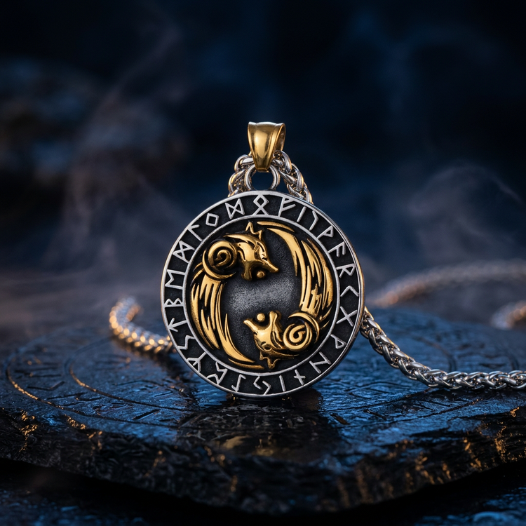 Pendentif Loups Sköll et Hati en contexte nordique