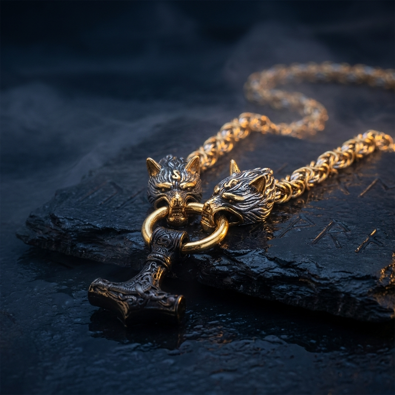 Collier Mjöllnir Doré - Chaîne Loups Tressée Main en contexte nordique