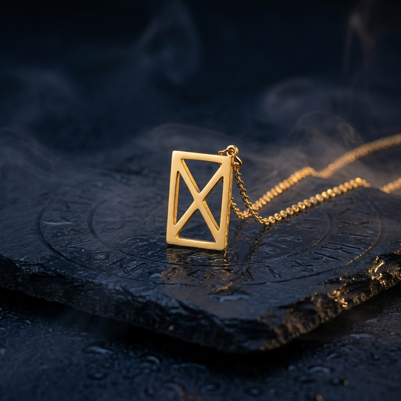 Collier Viking Pendentif Runes Doré en contexte nordique
