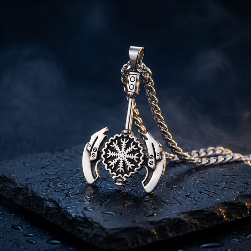 Collier Viking Hâche Vegvisir en contexte nordique