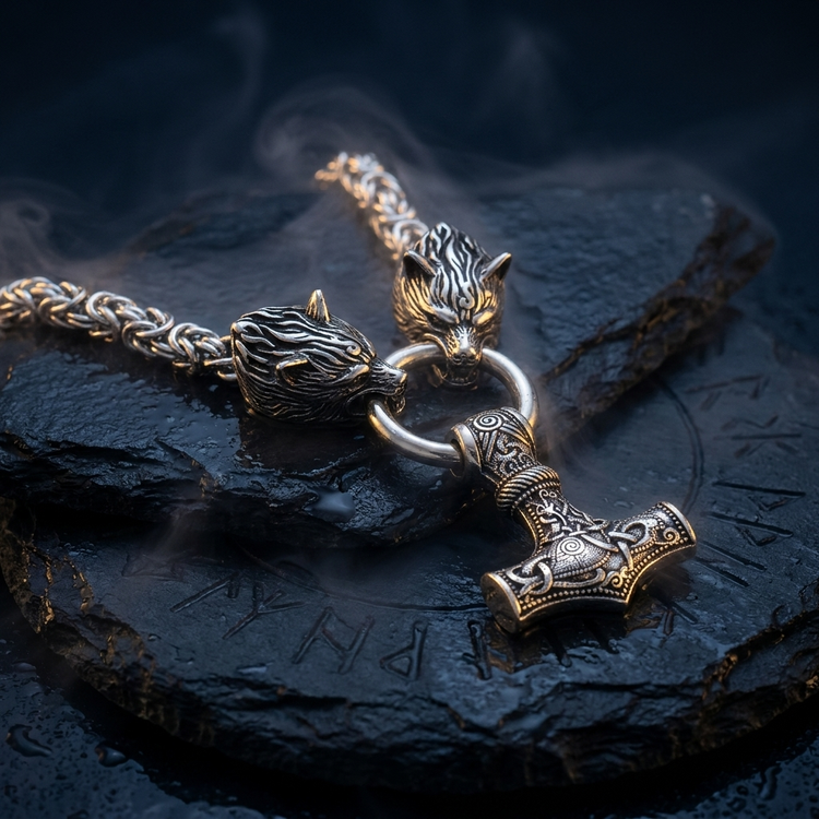 Collier Loup Viking Marteau de Thor en contexte nordique